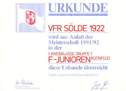 VfR Sölde F-Jugend 1. Kreisklasse Meisterschaftsurkunde
