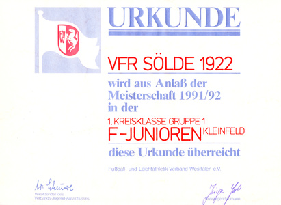 VfR Sölde F-Jugend 1. Kreisklasse Meisterschaftsurkunde