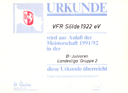 VfR Sölde B-Jugend Landesliga Meisterschaftsurkunde